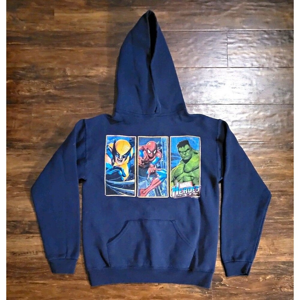 Vintage Jerzees Marvel Heroes Hoodie Kids L Navy Pullover Sweatshirt